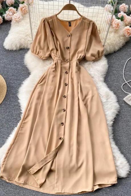 Elegant Button-front Midi Dress With Puff Sleeves