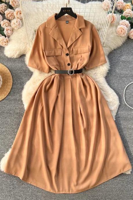 Elegant Belted Caramel Shirt Dress With Pleated Skirt