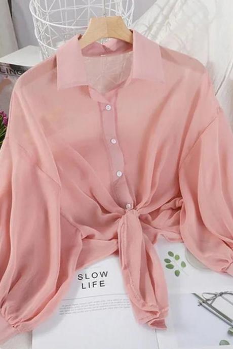 Womens Casual Tie-front Pink Blouse Long Sleeve Shirt