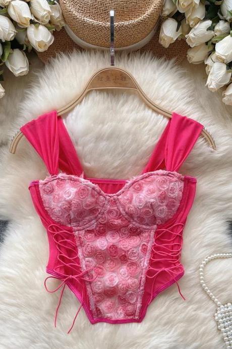 Womens Floral Lace-up Corset Bodysuit In Pink