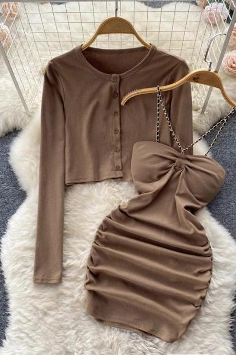 Womens Chic Brown Crop Top And Mini Dress Set