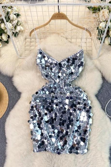 Womens Sparkling Sequin Cocktail Party Mini Dress