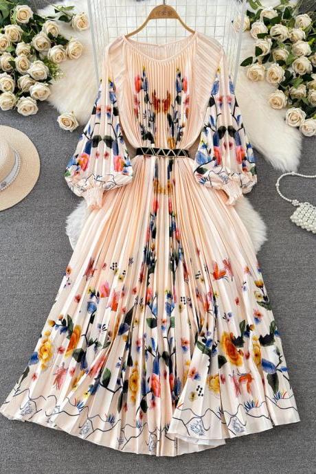 Vestido Feminino O Neck Lantern Sleeve A-line Printing Pleated Dress For Women Elegant Folds Long Dresses Spring Dropshipping