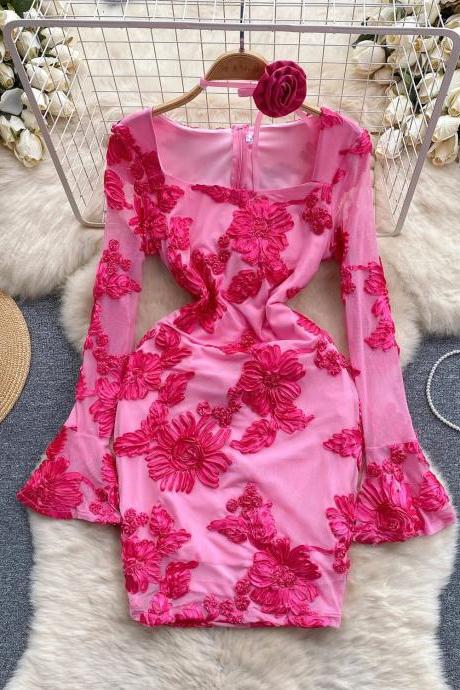 Elegant Long Sleeve Pink Floral Lace Dress Womens