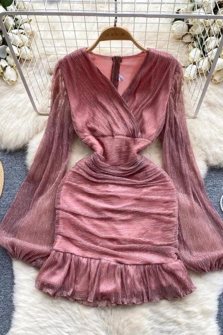 Elegant Long Sleeve Pleated Velvet Mini Dress