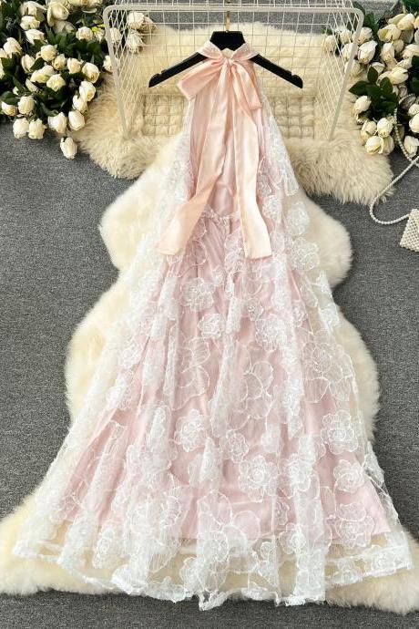 Elegant Pink Lace Floral Overlay Maxi Dress With Bow
