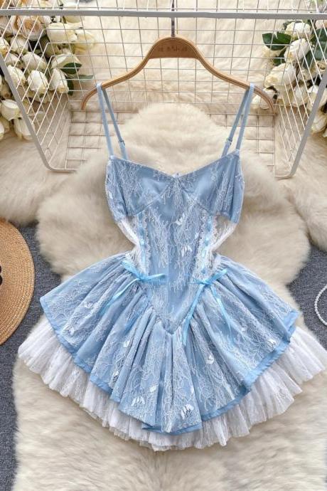 Womens Elegant Blue Lace Overlay Party Dress