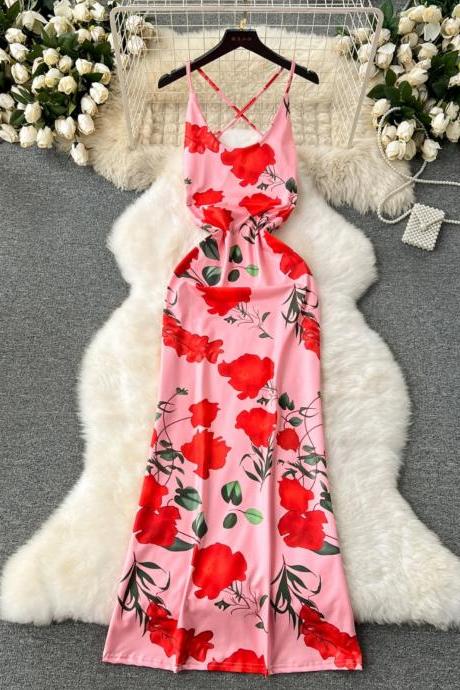 Long Pink Floral Print Summer Sleeveless Satin Gown