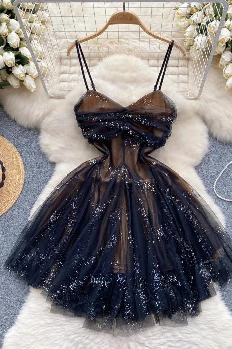 Elegant Navy Sequin Tulle Cocktail Dress With Straps
