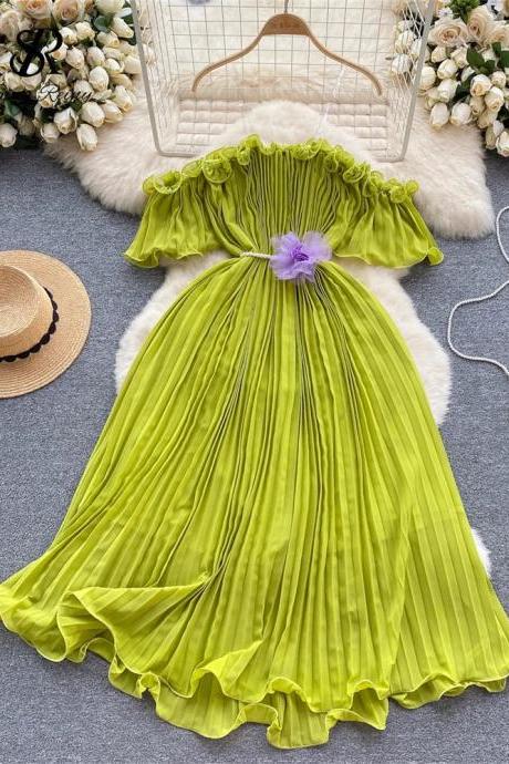 Elegant Pleated Chiffon Maxi Dress With Floral Accent