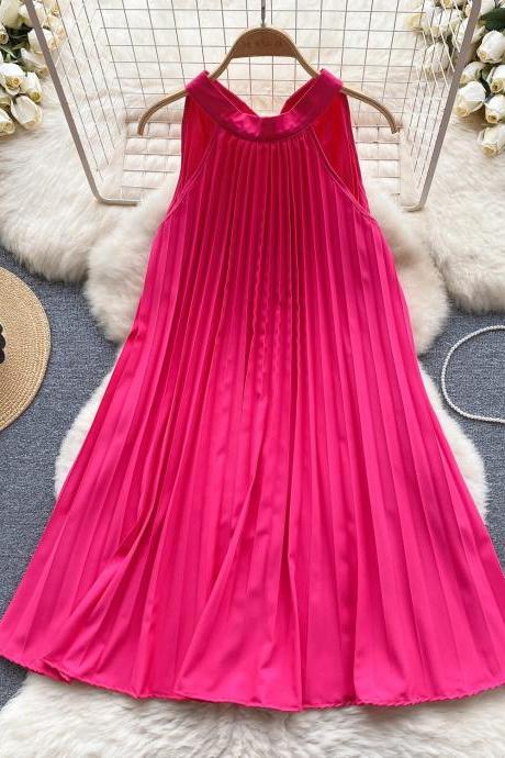 Womens Sleeveless Pleated Pink Summer Midi Dress