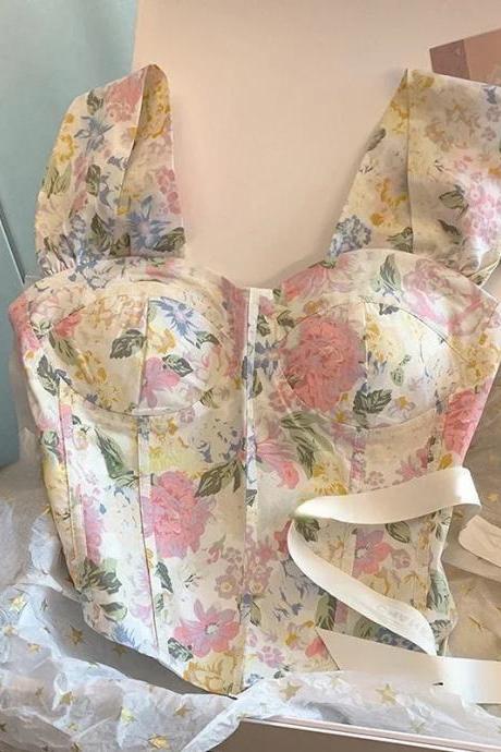 Floral Print Corset Top With Ribbons And Boning