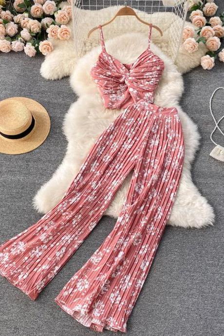 Bohemian Floral Print Pleated Jumpsuit With Bow Tie