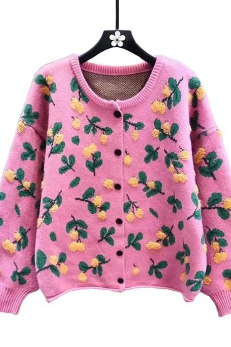 Girls Pink Floral Knit Cardigan Sweater With Buttons