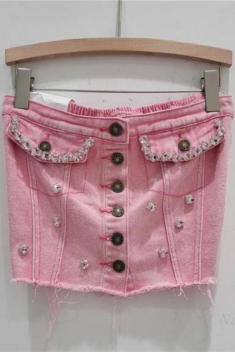 Womens Pink Denim Skirt With Rhinestone Embellishments