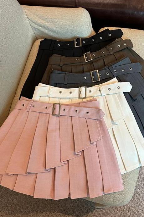 Womens Pleated A-line Mini Skirt With Buckle Detail