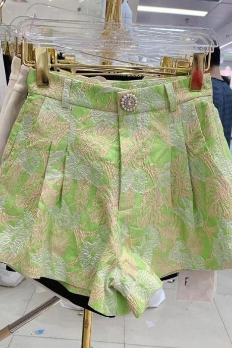 Elegant Floral Jacquard Mini Skirt With Decorative Button