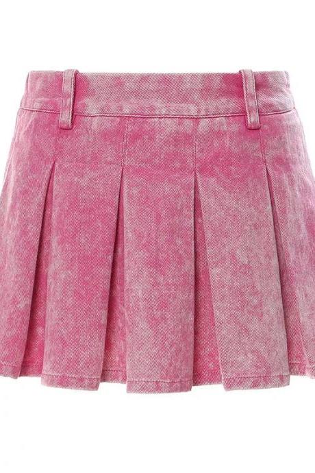 Womens Vintage Wash Pink Pleated Mini Skirt