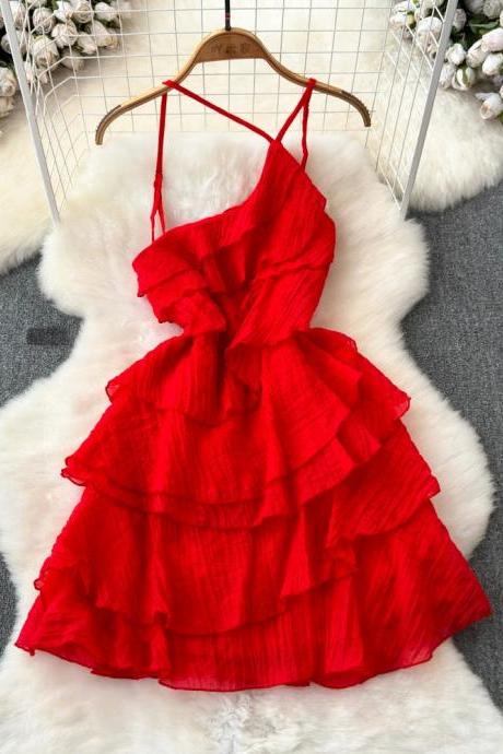 Womens Ruffled Red Spaghetti Strap Summer Dress