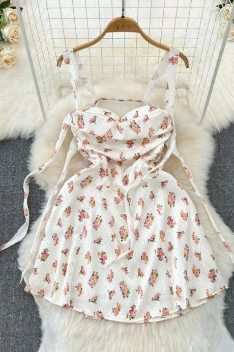 Floral Print Sweetheart Neckline Summer Dress With Tie