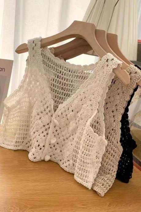 Oumea Women Knitted Crochet Crop Tank Tops Sleeveless Fabric Buttons Up Cardigans Vest Beach Chic Casual Tops