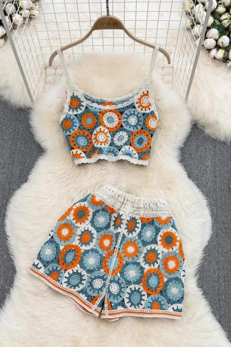 Bohemian Floral Crochet Top And Shorts Set Summer