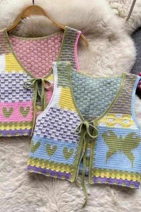 Handmade Crochet Heart Pattern Sleeveless Crop Top Set