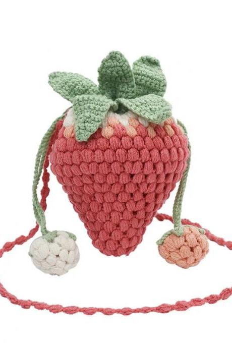 Handmade Crochet Strawberry Drawstring Bag For Children