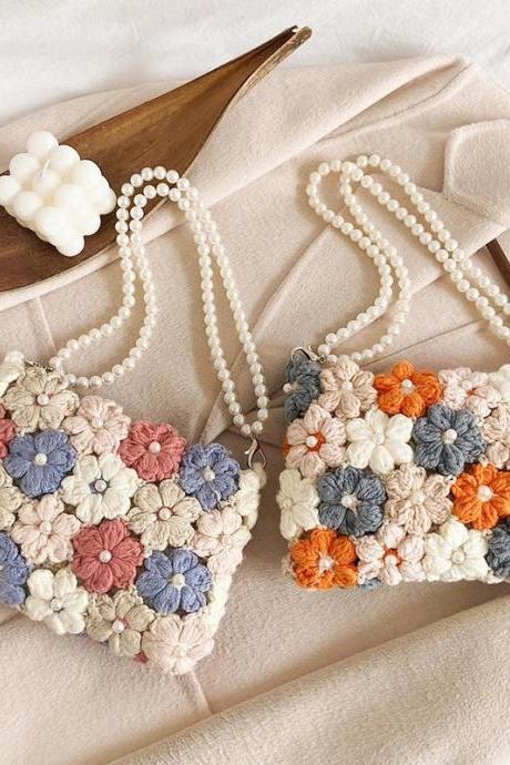 Vintage Floral Crochet Pearl Strap Handbags For Women