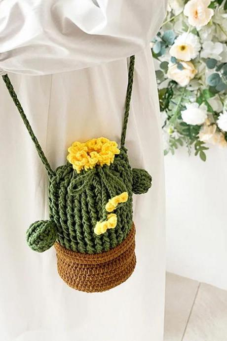 Handmade Crochet Cactus Flower Pot Shoulder Bag