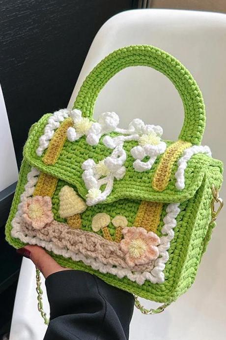Handmade Floral Crochet Satchel Bag With Chain Strap