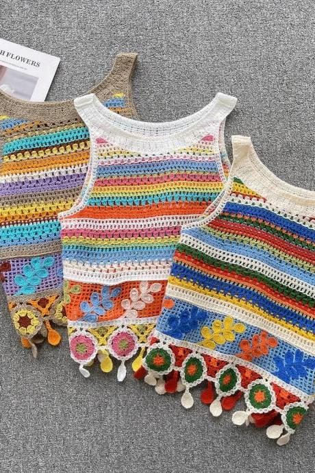 Bohemian Style Crochet Knitted Tassel Tank Tops For Women