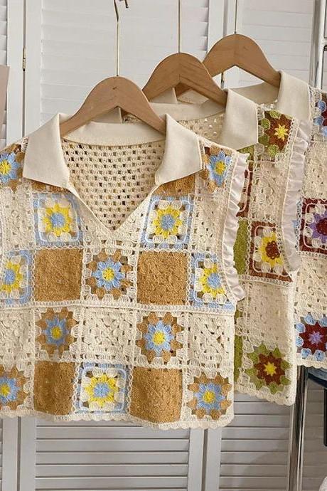 Vintage Crochet Floral Patchwork Sleeveless Vest Top