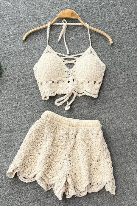 Bohemian Crochet Crop Top And Shorts Set Beachwear