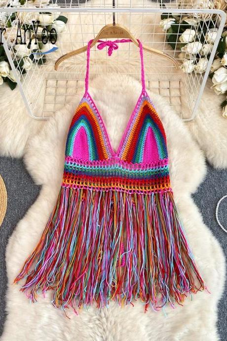 Bohemian Handmade Crochet Fringe Halter Top Colorful