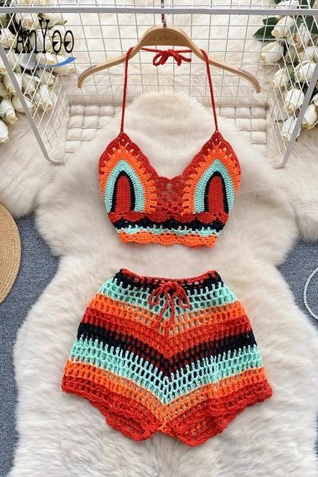 Handmade Crochet Bikini Top And High-waisted Shorts Set