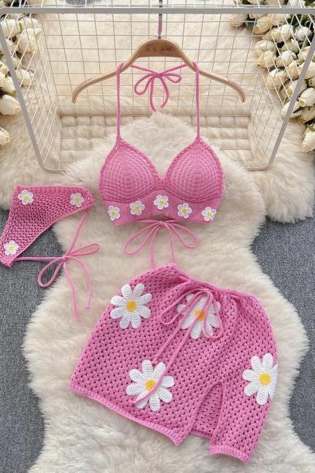 Womens Floral Crochet Bikini Set With Matching Shorts