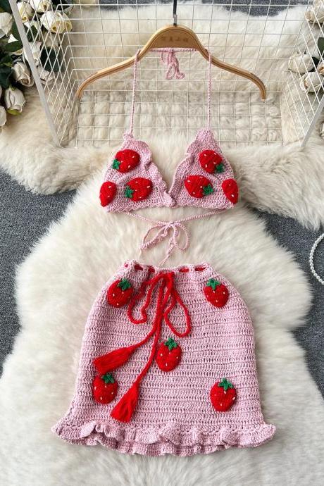 Summer Knitted Beach Two Pieces Sets 2023 Sleeveless Strap Top+mini Skirt Sets Strawberry Sweet Ruffles Vacation Suits
