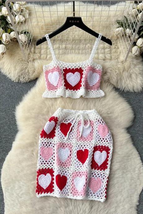 Handmade Crochet Heart Crop Top And Skirt Set
