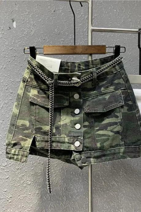 Trendy Camouflage Cargo Mini Skirt With Chain Accent