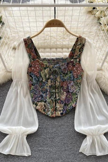 Bohemian Floral Corset Top With Sheer Puff Sleeves