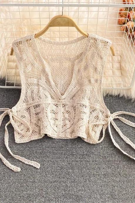 Womens Bohemian Crochet Knit Sleeveless Tie-waist Vest Top