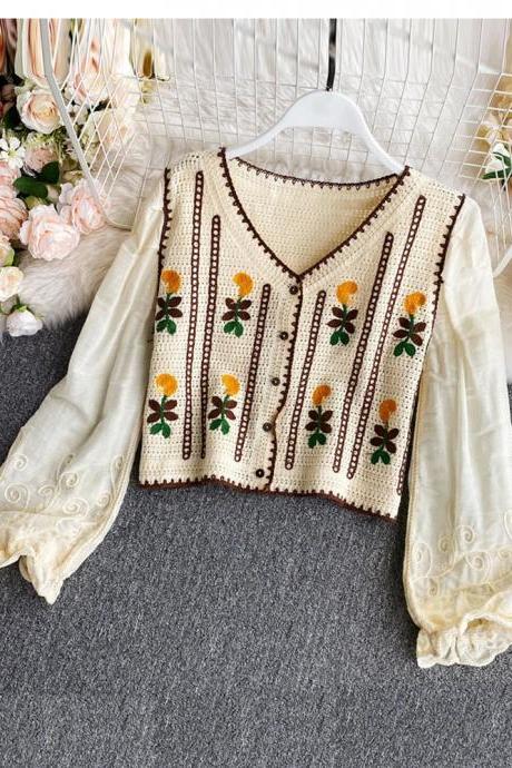 Vintage Floral Embroidered Knit Cardigan With Lace Sleeves