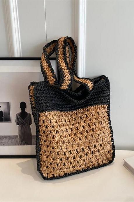 Handwoven Two-tone Straw Tote Bag With Handles