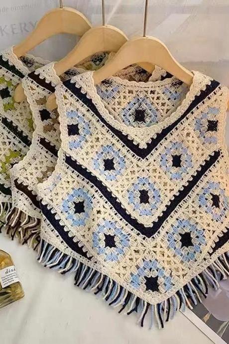 Handmade Crochet Granny Square Poncho With Fringe Detail