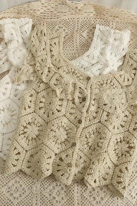 Vintage Crochet Lace Blouse Bohemian Style Top Beige