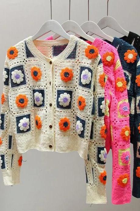 Vintage Floral Crochet Knit Cardigan Sweater Unisex