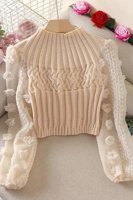 Womens Chunky Knit Turtleneck Sweater With Lace Sleeves