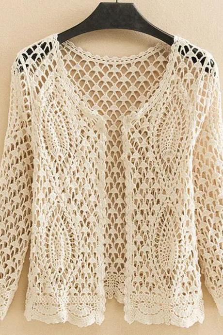 Womens Casual Lace Crochet Blouse Long Sleeve Beige