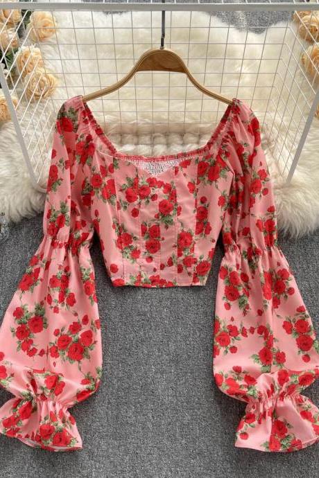 Womens Floral Print Square Neckline Blouse With Bell Sleeves